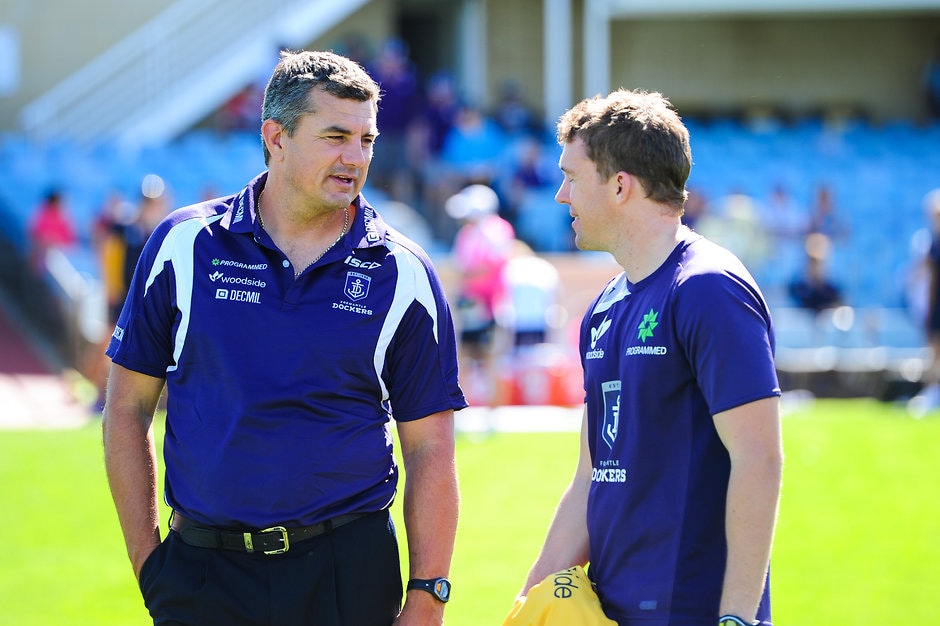 AFL 2014 NAB Challenge - Fremantle v West Coast Peter Sumich, game day coach of the Fremantle Dockers during the 2014 NAB Challenge match between the Fremantle Dockers and the West Coast Eagles at Arena Joondalup, Perth on February 18, 2014. (Photo: Daniel Carson/AFL Media)